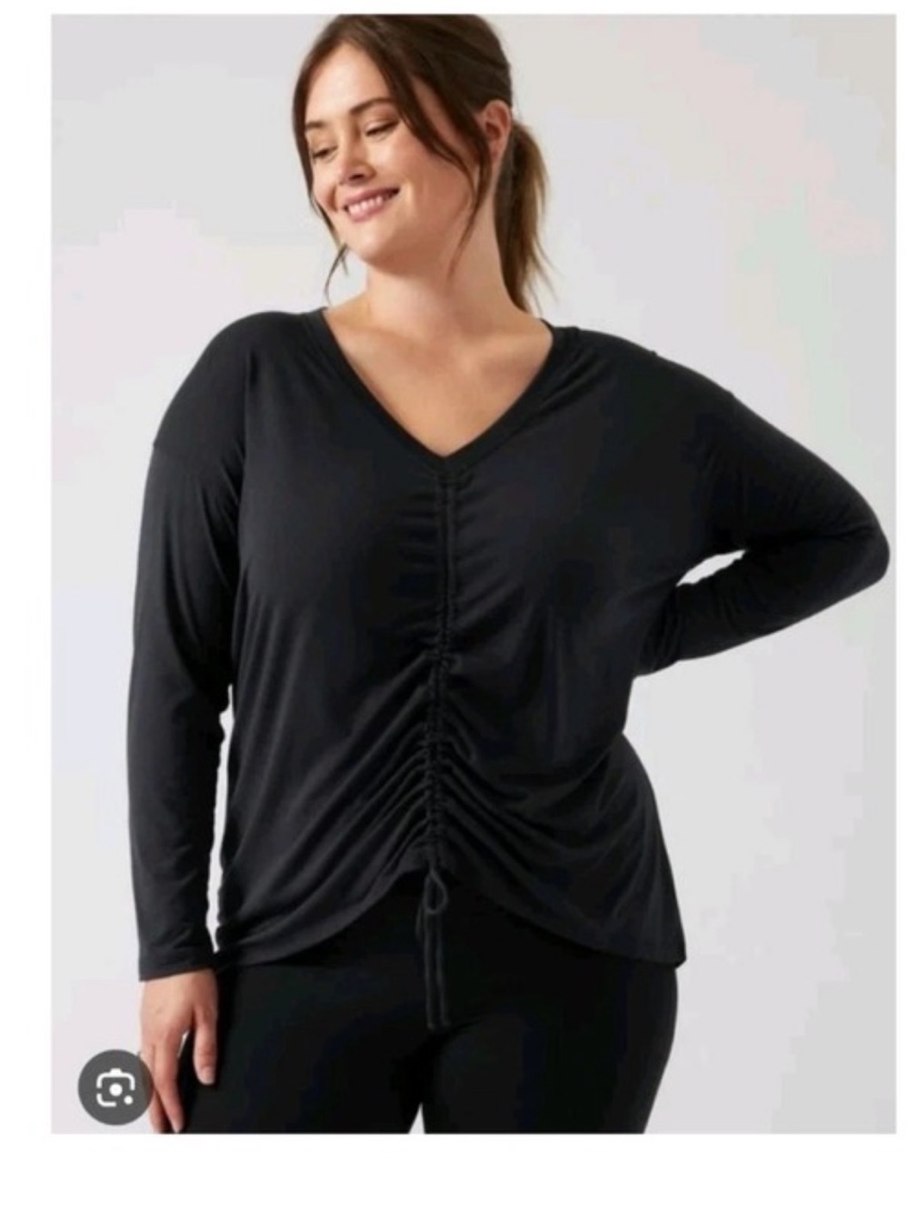 Athleta Black V-Neck Ruched Drawstring Long Sleeve Oversized Top Small EUC